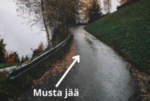 kuvassa mustaa jäätä, sekä nuoli joka osoittaa miltä se voi näyttää